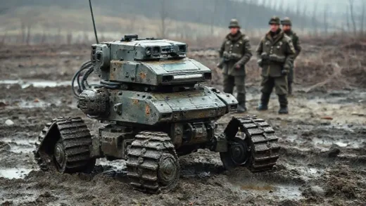 An advanced mine-clearing robot, possibly Russian-made, operating in a war-torn, muddy landscape in the Kursk region. North Korean soldiers in the background, observing the robot's operation with focus. The robot should look rugged and functional, with an aura of modern warfare.