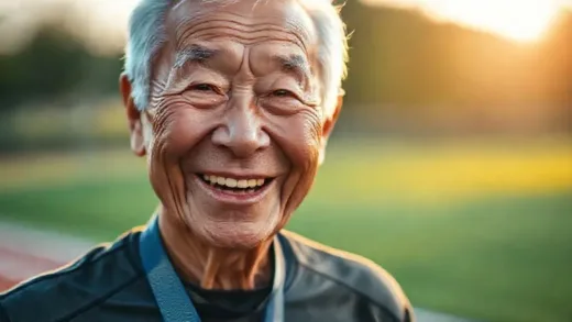 A vibrant, close-up shot of an energetic 90-year-old man, Professor Kwon Ho-yul, smiling warmly. He is wearing a subtle running gear, perhaps a marathon medal glinting in the background, symbolizing his active life. The background is slightly blurred but suggests a bright, positive environment, possibly a track or a green park at sunrise. The overall mood is inspiring and hopeful, with soft, natural lighting.