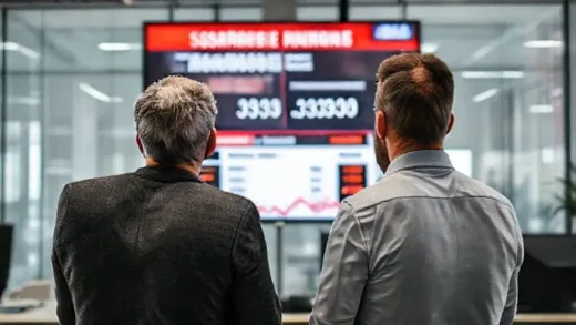Two people looking at a news screen with red urgent headlines about soaring exchange rates and inflation, one panicking, the other calm, in a modern office setting.