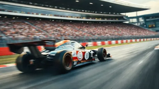 A dynamic, close-up shot of a racing car blurred with speed on a track, with the backdrop of a stadium filled with cheering crowds. Emphasize the thrill and high stakes.