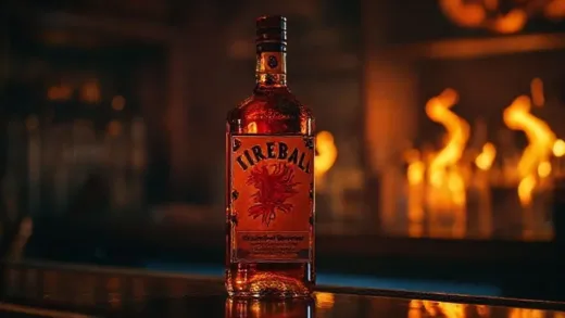 A fiery red bottle labeled "Fireball Cinnamon Whisky" on a dimly lit bar, with abstract flames or cinnamon stick elements in the background, suggesting a deceptive glow.