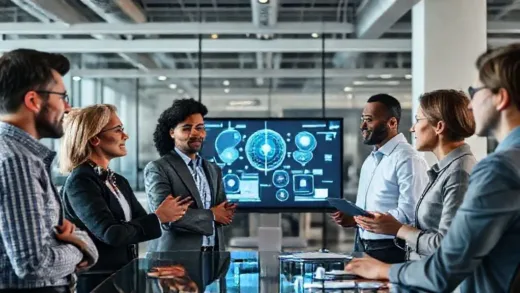 A diverse group of leaders in a modern, collaborative office space, thoughtfully interacting with AI interfaces on screens, emphasizing strategic planning and teamwork in the AI era. Focus on innovation and forward-thinking.
