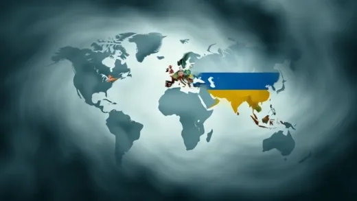 A world map shrouded in a swirling vortex of geopolitical changes. Symbols of North Korea and Russia, initially close, are now drifting apart. Images of conflict in Ukraine are subtly integrated, suggesting uncertainty and tension. The overall mood is mysterious and thought-provoking.