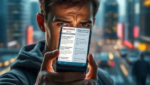 A person looking at a smartphone screen, which displays a confusing mix of accurate and misleading information, with a worried expression. The background shows a blurry image of a bustling modern city, symbolizing the integration of AI into daily life. Emphasize the conflict between convenience and potential deception. Digital art, dramatic lighting.