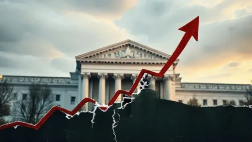A broken economic graph with an arrow pointing upwards, contradicting the expected downward trend. A central bank building in the background with money flowing out, but interest rates rising. A sense of alarm and paradox.