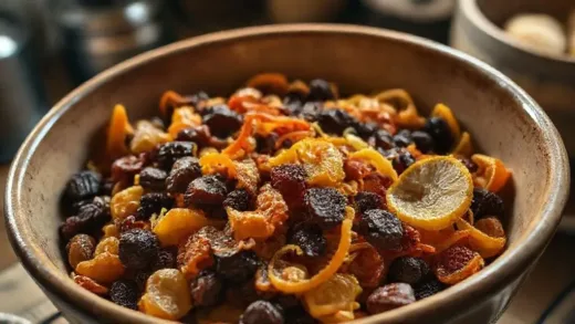A close-up shot of various dried fruits (raisins, candied orange peel, lemon peel) being gently turned and mixed in a large ceramic bowl, bathed in soft, warm light, suggesting a long aging process. There are hints of a cozy, traditional kitchen in the background.