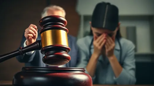 A dramatic image of a gavel striking, with a split background showing both a powerful leader speaking and a person suffering from online harassment, symbolizing the impact of leadership on societal issues.