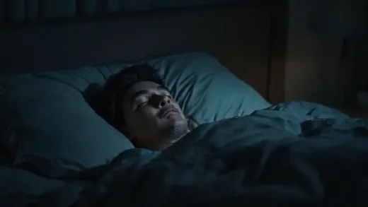 A person looking peaceful while sleeping soundly in a cozy, dark bedroom with soft lighting, a subtle, calm atmosphere, illustrating deep and restful sleep.