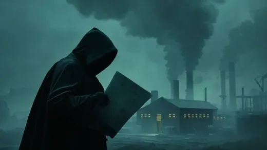 A shadowy figure discreetly stealing blueprints from a small factory. The atmosphere is tense and mysterious, symbolizing hidden threats.