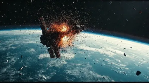 A dramatic scene of a space station being hit by countless space debris fragments, with a wide shot of Earth in the background, resembling a scene from the movie 'Gravity'. Emphasize the chaos and destruction.