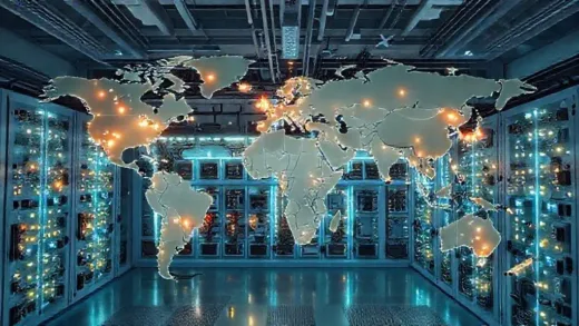 A stylized world map with glowing points representing major AI data centers, factories, and airports. Zoomed in view showing a cross-section of a building with a brightly lit, organized electrical room full of switches, circuit breakers, and UPS units. The overall aesthetic is modern, clean, and highlights the flow of energy. High-tech, futuristic feel.