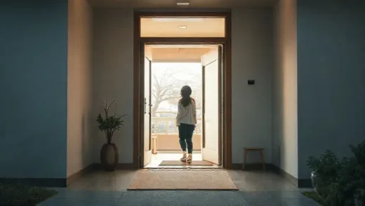 A modern Korean home entrance, with a clear threshold, soft, warm lighting, and a person just stepping inside, about to take off their shoes and change clothes. The atmosphere is peaceful and welcoming, contrasting with a subtle suggestion of the busy world outside.