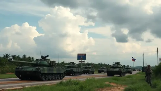 A dramatic scene of Thai military forces, including tanks and armored vehicles, crossing a border while Cambodian ground troops are on defensive positions. The sky is partially cloudy, suggesting tension, with a border marker visible.