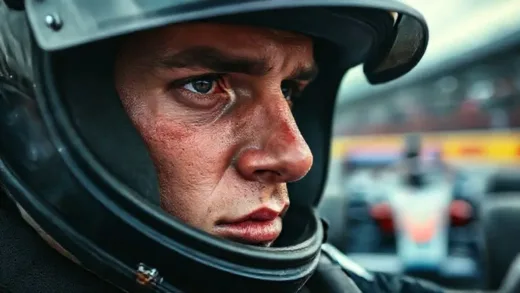 A close-up shot of a determined F1 driver's face, helmet on, sweat visible, intense focus in their eyes, with blurred racing action in the background, conveying speed and intensity.