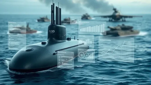 A futuristic nuclear submarine partially submerged, with digital overlays showing complex diplomatic agreements and financial flowcharts. In the background, other military assets like tanks and fighter jets are blurred, hinting at competing budget priorities.