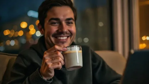A person enjoying a cup of decaf coffee at night, looking relaxed and happy, soft lighting, cozy atmosphere, perhaps a book or laptop nearby.