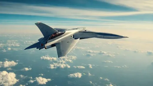 A sleek, futuristic KF-21 fighter jet soaring through the sky, launching a hypersonic missile, with a subtle overlay of a compact SMR reactor design.