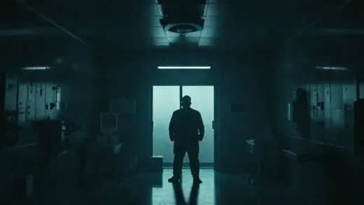 A highly secured, dark, and mysterious room with subtle hints of medical equipment and a silhouette of a heavy-set leader in the background, emphasizing secrecy and hidden health issues.