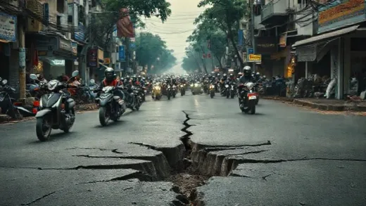 A dramatic scene of a bustling Vietnamese street with motorcycles, but with a symbolic crack appearing in the ground, representing the fall of an empire. The atmosphere is somewhat tense and significant.