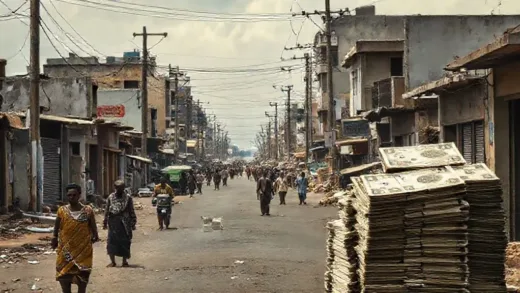 A desolate street in an African city, with people looking distressed, and a visual representation of hyperinflation like stacks of worthless currency or exorbitant prices for basic goods.
