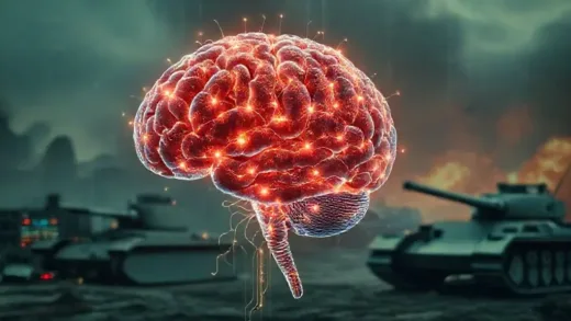 A stylized image showing a human brain with glowing neural connections intertwined with lines of computer code, symbolizing the deep connection between neuroscience and AI. In the background, faded images of early computers and Cold War-era military tanks, hinting at AI's origins.