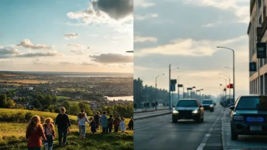 A split image: one side shows a serene, picturesque Swedish landscape with happy people, and the other side shows a modern urban street with subtle signs of unrest, perhaps a distant police car or a slightly tense atmosphere.