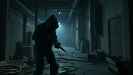 A shadowy figure, dressed in dark clothing, is stealthily cutting thick copper cables in a dimly lit industrial area at night. Tools are scattered around, and the scene conveys a sense of urgency and illegality.