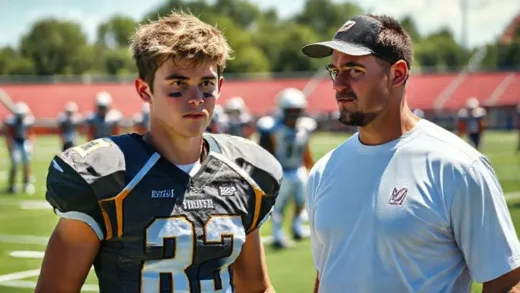 A young college football player, Alex, looking somewhat unmotivated but observing another talented new recruit, Radon, on a vibrant practice field. Their coach, Marty, watches them with a subtle expression. Other players are in the background, some looking jealous. High energy, college football atmosphere. Daytime, sunny.
