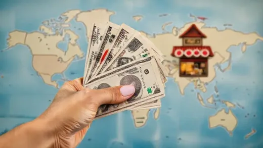 A hand holding a stack of various international currencies (USD, JPY, KRW) against a global map, with a small ramen noodle shop in a remote location in the background, illustrating currency usability. The USD is clearly dominant.