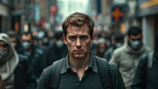 A person walking in a crowded city street, looking subtly worried, with blurry, anonymous faces around them, symbolizing hidden dangers and unknown pasts. The atmosphere is slightly unsettling, with a sense of unease. Realistic, high-resolution photo.