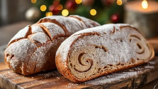 A warm, inviting image of a freshly baked Stollen next to an older, beautifully aged Stollen, both dusted with powdered sugar, on a rustic wooden board, with a blurred festive background.