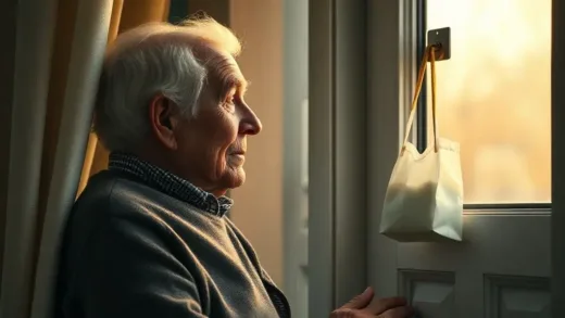 An elderly person looking out their window at a milk pouch hanging on their door, with a thoughtful expression. The morning light is soft and warm, highlighting the sense of quiet solitude and hope. Detailed, realistic style, emphasizing human connection.