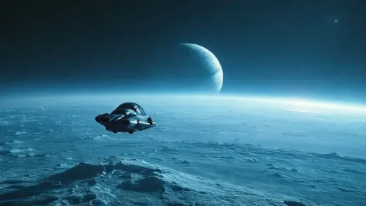 A futuristic spacecraft approaches a small, icy moon with subtle blue hues, reflecting a giant ringed planet in the distance. The scene is majestic and mysterious, with faint light from a distant star.