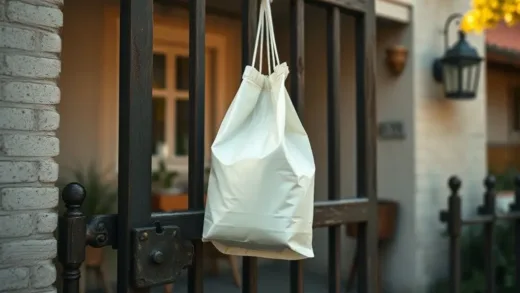 A nostalgic scene of a milk pouch hanging on a house gate in an old neighborhood, with a warm, inviting atmosphere, soft morning light, focusing on the detail of the pouch and a single milk bottle.