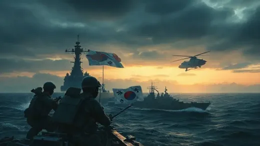 Dramatic illustration of a special forces operation at sea, with a destroyer and a helicopter in the background, under a dark, pre-dawn sky with subtle light breaking through. Emphasize tension and readiness for action. Focus on a Korean flag subtly in the background.