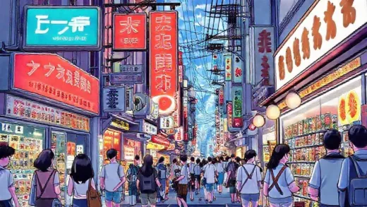 A vibrant and detailed illustration depicting a bustling modern street in Japan, with neon signs for adult entertainment, a convenience store shelf openly displaying adult magazines, and various people engaging in everyday activities, symbolizing the integration of adult culture into daily life.