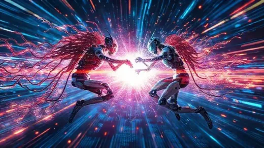 A vibrant, futuristic image showing two powerful AI entities (representing Gemini and GPT) clashing or competing in a dynamic, high-tech digital arena. Emphasize speed, innovation, and intense rivalry.