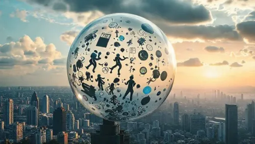 A dynamic and slightly chaotic image of a rising bubble with various AI-related icons (robots, data, neural networks, algorithms) inside, contrasting with a subtle underlying sense of skepticism or a "pop" about to happen. Futuristic city in the background, with a bright, hopeful sky on one side and a darker, more questioning sky on the other. The overall mood is one of critical optimism.