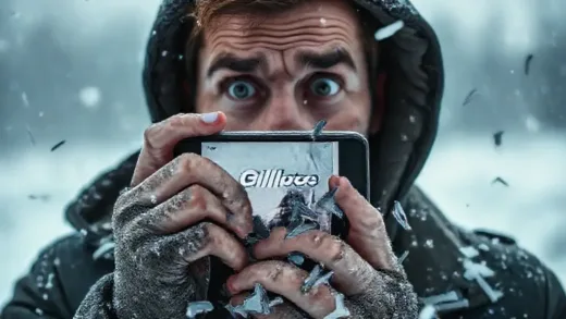 A man looks shocked while holding a smartphone displaying a controversial Gillette ad. Shards of razor blades surround him. The setting is cold and wintry, emphasizing the unexpected shock and the shattering of trust.