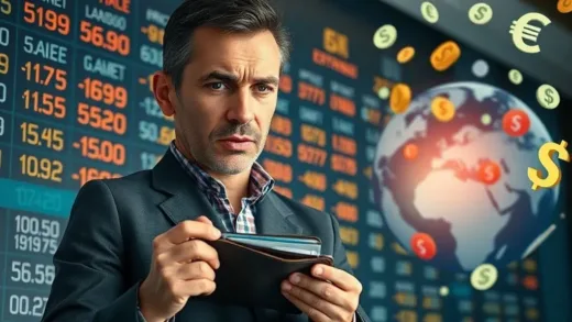 An image depicting a currency exchange board with rising numbers, a concerned person looking at a wallet, and global currency symbols swirling around. Focus on financial anxiety and complexity.