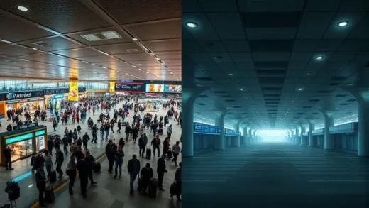 A split image: Left side shows a vibrant, crowded international airport departure hall with many travelers and duty-free shops, depicting prosperity. Right side shows a desolate, empty regional airport terminal with dim lighting, few or no people, and a sense of abandonment. The overall mood should be contrasting, highlighting the economic disparity and the concept of 'ghost airports'.