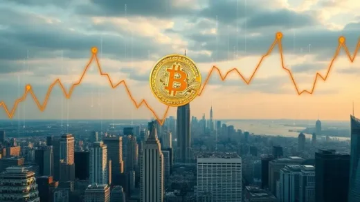 A dynamic, slightly abstract image showing intertwined graphs of gold prices, Bitcoin prices, and economic indicators, set against a backdrop of a city skyline, symbolizing economic complexity and future uncertainty.