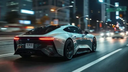 A futuristic car with 'FSD' label driving on a Korean city road, with blurred background, depicting both excitement and caution. The car has a sleek design, and some digital overlays suggest data processing. Night scene with city lights.
