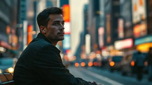 A person sitting alone in a bustling city, looking contemplative, with a subtle digital overlay suggesting modern isolation, cinematic, high detail, warm evening light, bokeh effect in background.