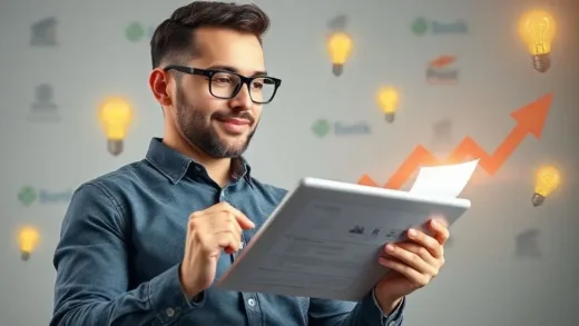 A dynamic image showing a small business owner looking optimistic while reviewing business plans on a tablet, surrounded by lightbulbs and arrows symbolizing growth and new ideas. The background features subtle banking institution logos and digital transformation elements.