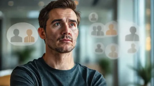 A person thoughtfully observing different types of social interactions, with a subtle glow around positive connections and a slight blur around draining ones, set in a modern, calm environment.