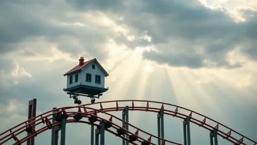 A roller coaster track with a house on one of the cars, symbolizing the unpredictable real estate market in South Korea. The sky is cloudy with some rays of light breaking through.
