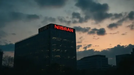 A dramatic, cinematic shot showing the Nissan headquarters building at dusk, with shadows hinting at its past glory and current struggle, perhaps a broken window or a sign of decay.