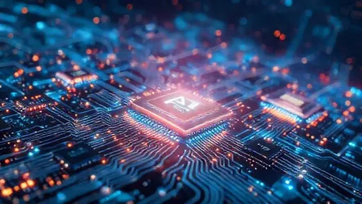 A futuristic, dynamic image of interconnected microchips glowing with AI light, representing a rapidly evolving semiconductor market. The background shows abstract data flows and technological landscapes.