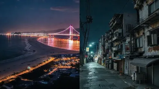 A stark contrast image: one half showing vibrant Haeundae beach and Gwangan Bridge at night, the other half showing a deserted, aging street in Busan's old downtown, highlighting the demographic crisis.